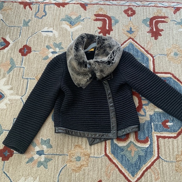 ST. JOHN Designer fur Coat Jacket Leather Wool Rabbit Gray S 4 6 Luxury - Picture 13 of 14